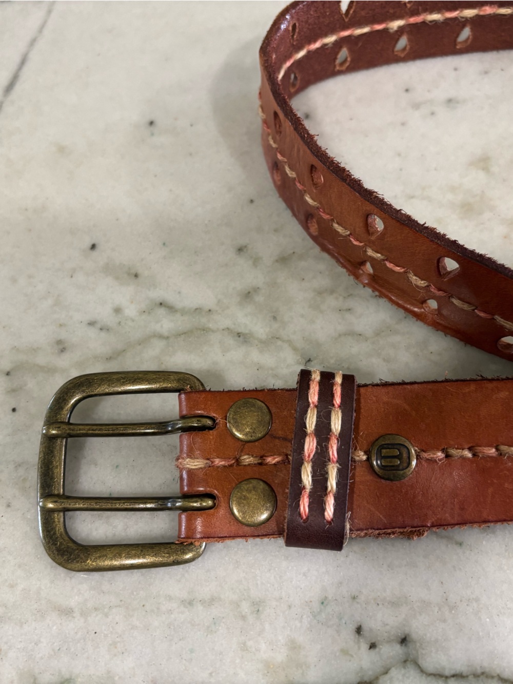 BKE Brown Leather Belt with Brass Buckle and Pink Contrast Stitching